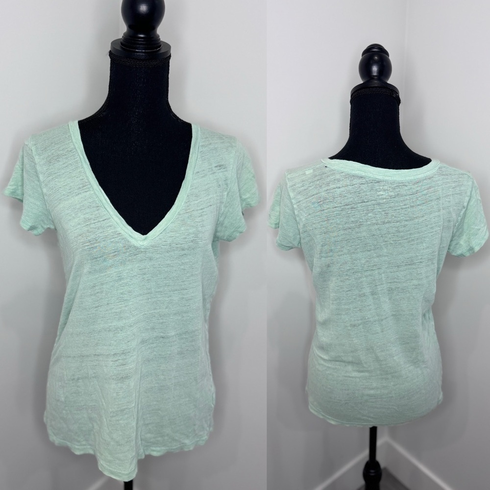 J. Crew Linen Green Short Sleeve V-Neck Top (S)